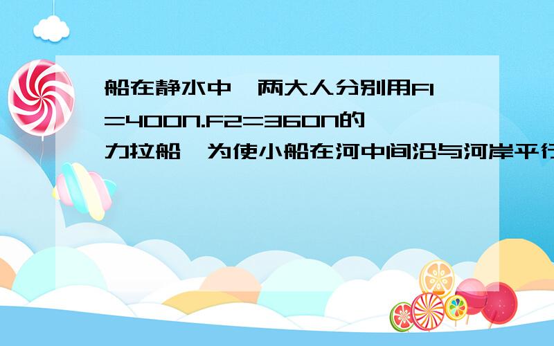 船在静水中,两大人分别用F1=400N.F2=360N的力拉船,为使小船在河中间沿与河岸平行的方向前进,一个小孩用一最小的拉力帮忙,求小孩施力的大小和方向.（sin37°=0.6）