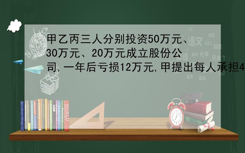 甲乙丙三人分别投资50万元、30万元、20万元成立股份公司,一年后亏损12万元,甲提出每人承担4万元你认为是否合理?为什么?