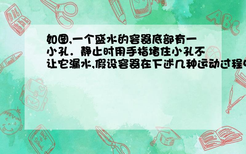 如图,一个盛水的容器底部有一小孔．静止时用手指堵住小孔不让它漏水,假设容器在下述几种运动过程中始终保持平动,且忽略空气阻力,则（　　） A．容器自由下落时,小孔向下漏水B．将容