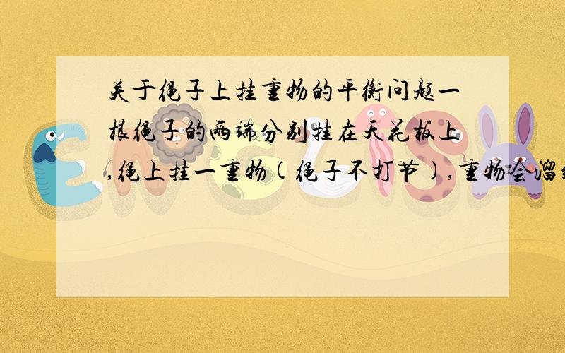 关于绳子上挂重物的平衡问题一根绳子的两端分别挂在天花板上,绳上挂一重物(绳子不打节),重物会溜到绳子的中点吗?为什么?那么如果绳子上任意处打结,在结点上挂一重物,物体是否会平衡?