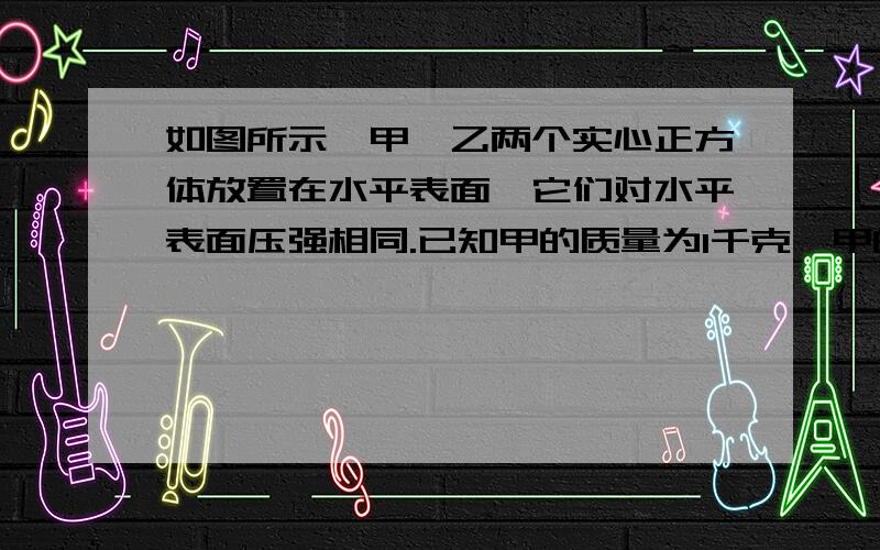 如图所示,甲、乙两个实心正方体放置在水平表面,它们对水平表面压强相同.已知甲的质量为1千克,甲的底面积为0.01米平方,求：如果沿竖直方向将甲、乙、两个正方体分别切取厚度为h的部分,