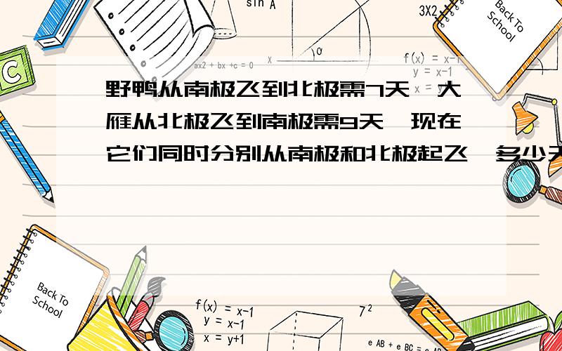 野鸭从南极飞到北极需7天,大雁从北极飞到南极需9天,现在它们同时分别从南极和北极起飞,多少天后相遇?