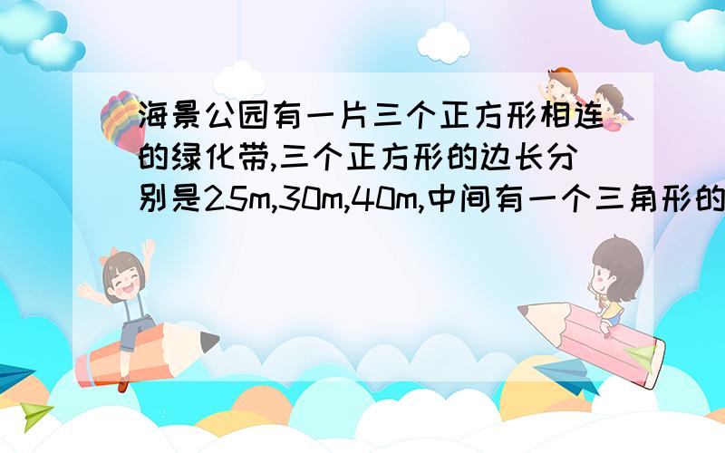 海景公园有一片三个正方形相连的绿化带,三个正方形的边长分别是25m,30m,40m,中间有一个三角形的花圃.你能算出这个三角形花圃的面积吗?