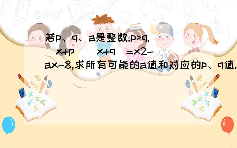 若p、q、a是整数,p>q,(x+p)(x+q)=x2-ax-8,求所有可能的a值和对应的p、q值.rt最好有思考过程.