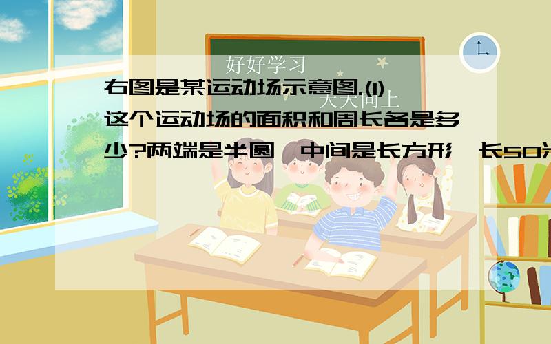 右图是某运动场示意图.(1)这个运动场的面积和周长各是多少?两端是半圆,中间是长方形,长50米,宽30米.无图...