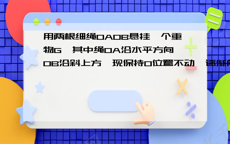 用两根细绳OAOB悬挂一个重物G,其中绳OA沿水平方向,OB沿斜上方,现保持O位置不动,逐渐向上移动A点直至细绳OA变为竖直.在这个过程中,OA上的拉力大小变化情况为_________,OB上的拉力大小变化情况