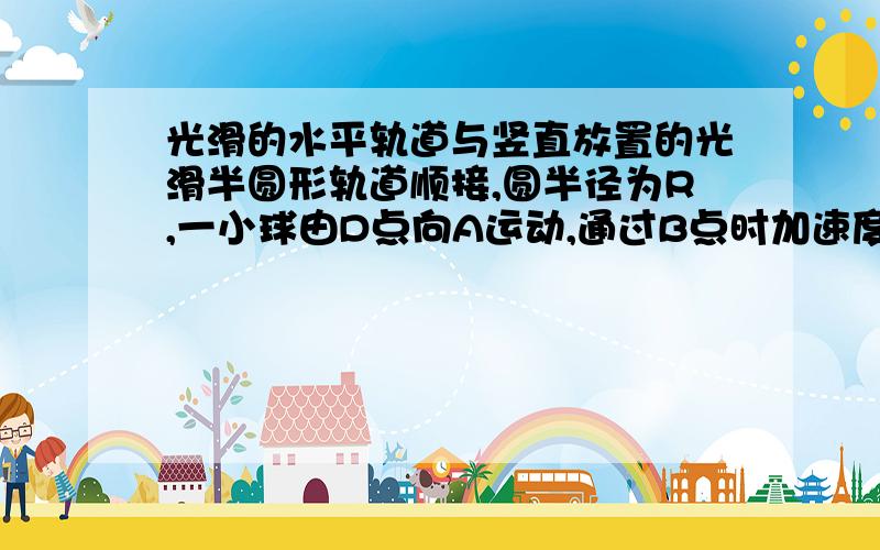 光滑的水平轨道与竖直放置的光滑半圆形轨道顺接,圆半径为R,一小球由D点向A运动,通过B点时加速度大小为2g1)小球刚通过A点时对轨道的压力2)小球通过B点时对轨道的压力3)小球通过B点后的射