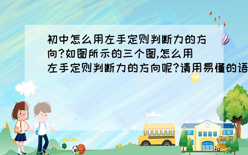 初中怎么用左手定则判断力的方向?如图所示的三个图,怎么用左手定则判断力的方向呢?请用易懂的语言详细说明,每个步骤都要说明清楚噢,越清楚越好总而言之,三个图都要讲,好的话我还会加