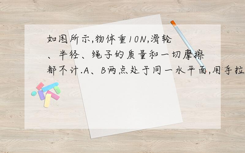 如图所示,物体重10N,滑轮、半径、绳子的质量和一切摩擦都不计.A、B两点处于同一水平面,用手拉住不可伸长的绳的A点缓慢地移到B点,则在此过程中人做功为 J.