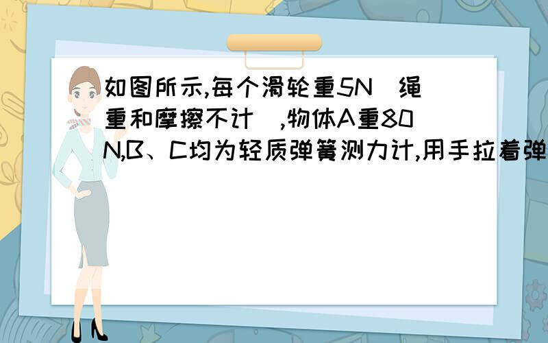 如图所示,每个滑轮重5N(绳重和摩擦不计),物体A重80N,B、C均为轻质弹簧测力计,用手拉着弹簧测力计C,使整个装置处于静止状态,此时弹簧测力计B的读数为50N,则物体A对地面的压力为 N.