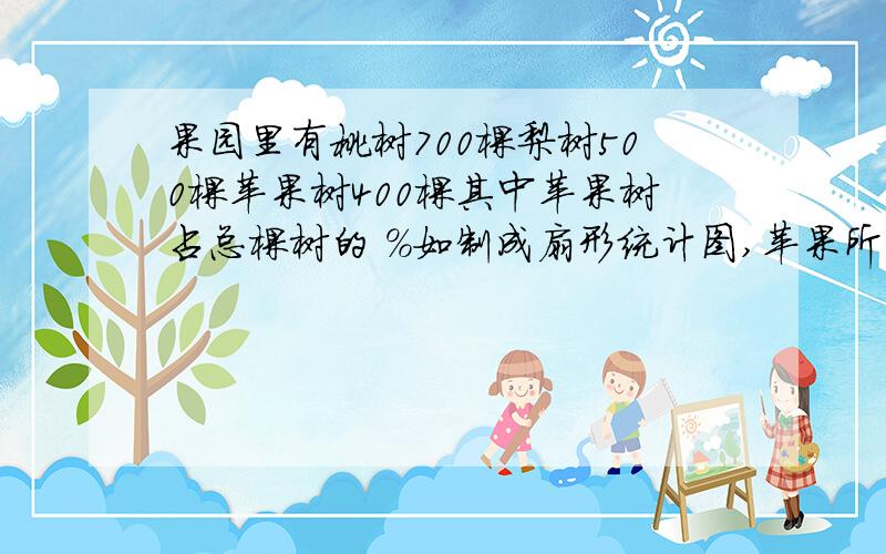 果园里有桃树700棵梨树500棵苹果树400棵其中苹果树占总棵树的 %如制成扇形统计图,苹果所在的扇形圆心角是多少度