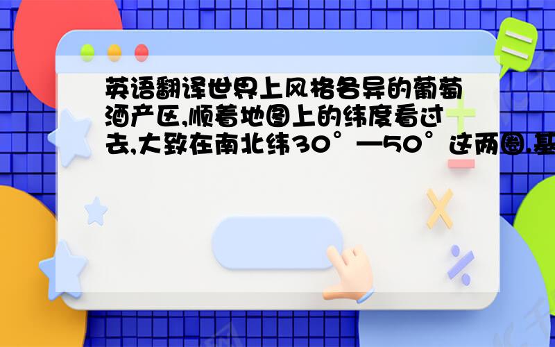 英语翻译世界上风格各异的葡萄酒产区,顺着地图上的纬度看过去,大致在南北纬30°—50°这两圈.基本上,旧世界和新世界的葡萄酒产区都在这个纬度内,而每一个产区独特的土壤特点和气候条件