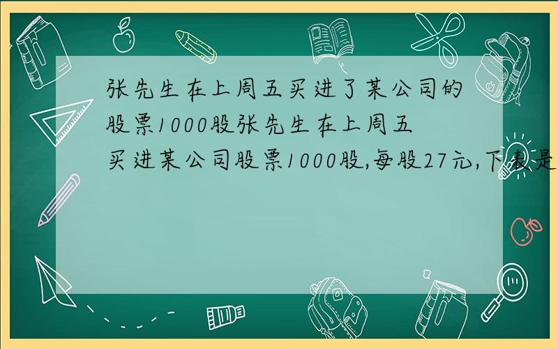 张先生在上周五买进了某公司的股票1000股张先生在上周五买进某公司股票1000股,每股27元,下表是本周内每日该股票的涨跌情况.（单位：元）星期 一 二 三 四 五与前一天比较:每股涨跌 +1.5  +2