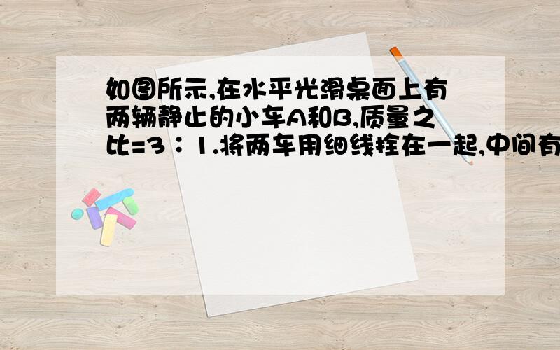 如图所示,在水平光滑桌面上有两辆静止的小车A和B,质量之比=3∶1.将两车用细线拴在一起,中间有一被压缩的弹簧.烧断细线后至弹簧恢复原长前的某一时刻,两辆小车的 [ ]A．加速度大小之比=1