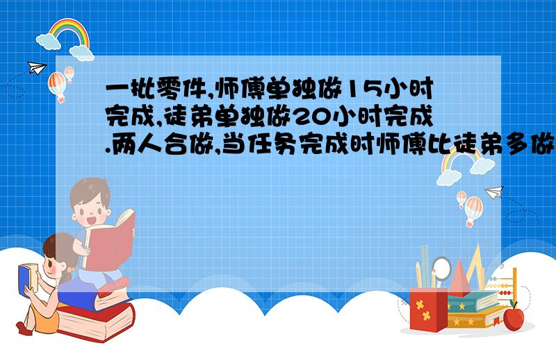 一批零件,师傅单独做15小时完成,徒弟单独做20小时完成.两人合做,当任务完成时师傅比徒弟多做80个,这批零件一共有多少个?