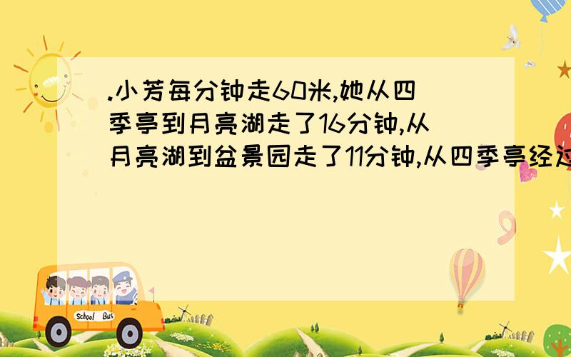 .小芳每分钟走60米,她从四季亭到月亮湖走了16分钟,从月亮湖到盆景园走了11分钟,从四季亭经过月亮湖到盆景园,大约要走多少米?