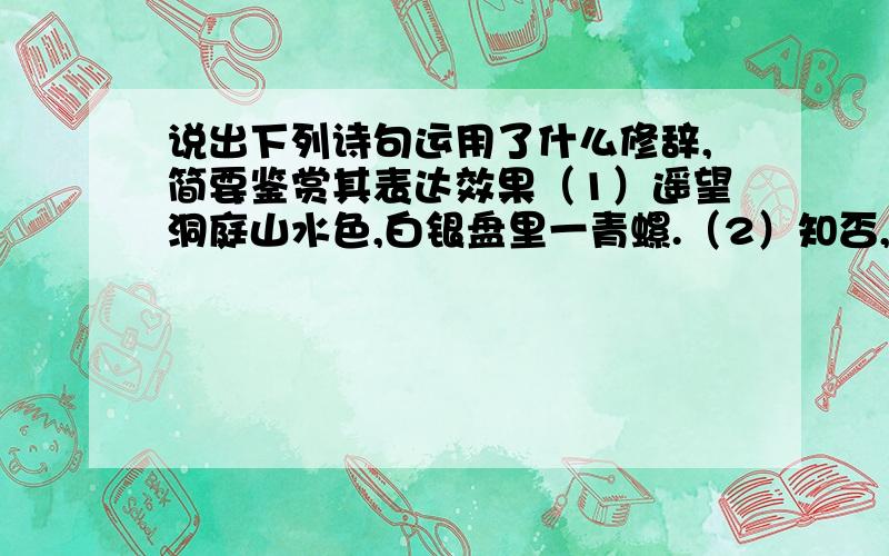 说出下列诗句运用了什么修辞,简要鉴赏其表达效果（1）遥望洞庭山水色,白银盘里一青螺.（2）知否,知否?应是绿肥红瘦.（3）白发三千丈,缘愁似个长.（4）霜禽欲下先偷眼,粉蝶如知合断魂.