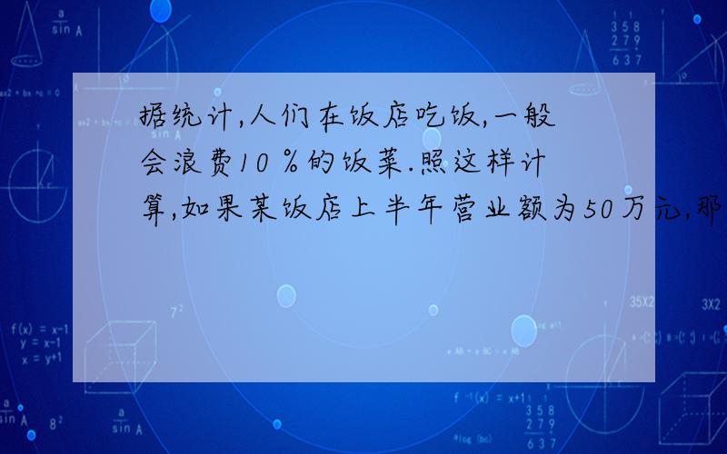 据统计,人们在饭店吃饭,一般会浪费10％的饭菜.照这样计算,如果某饭店上半年营业额为50万元,那么该饭店全年仅在餐桌上的浪费约有多少万元?