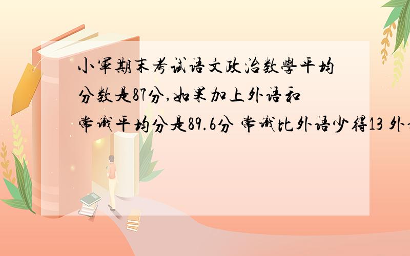 小军期末考试语文政治数学平均分数是87分,如果加上外语和常识平均分是89.6分 常识比外语少得13 外语多少