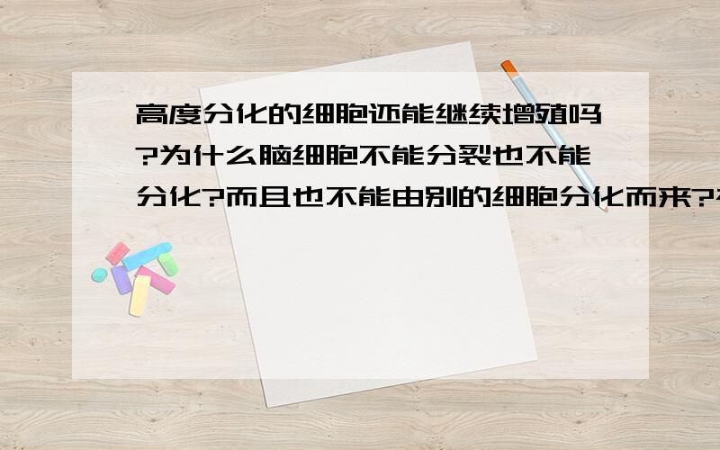 高度分化的细胞还能继续增殖吗?为什么脑细胞不能分裂也不能分化?而且也不能由别的细胞分化而来?神经细胞为什么不能分裂和分化?