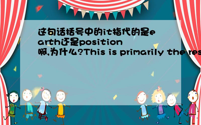 这句话括号中的it指代的是earth还是position啊,为什么?This is primarily the result of the unique position Earth occupies in the solar system,as (it)is not too close or too far away from the sun to upset the delicate temperature requirem