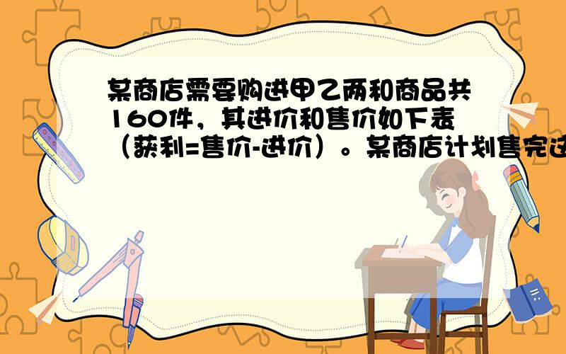 某商店需要购进甲乙两和商品共160件，其进价和售价如下表（获利=售价-进价）。某商店计划售完这些商品后能获利1100元，问甲，乙两种商品应分别购进多少件？甲 乙进价15 35售价20 45