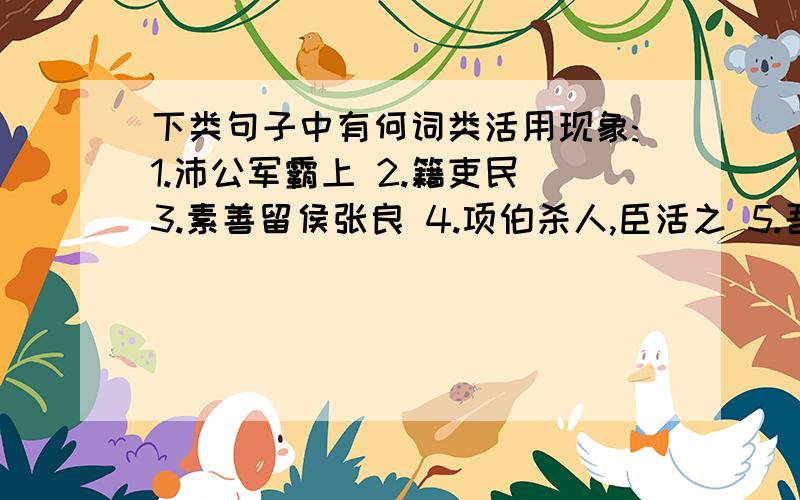 下类句子中有何词类活用现象:1.沛公军霸上 2.籍吏民 3.素善留侯张良 4.项伯杀人,臣活之 5.吾得兄事之