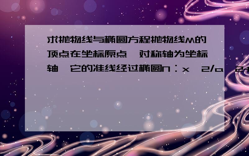 求抛物线与椭圆方程抛物线M的顶点在坐标原点,对称轴为坐标轴,它的准线经过椭圆N：x^2/a^2+y^2/b^2=1（a>b>0）的一个焦点,且与椭圆N相交,其中一个交点为P（2,根号2）求抛物线M与椭圆N的方程