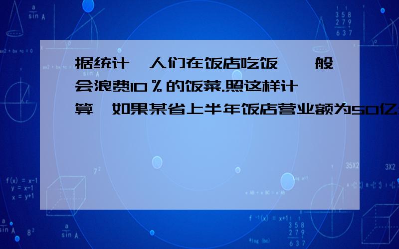 据统计,人们在饭店吃饭,一般会浪费10％的饭菜.照这样计算,如果某省上半年饭店营业额为50亿元,那么该省上半年仅在餐桌上造成的浪费约有多少亿元?