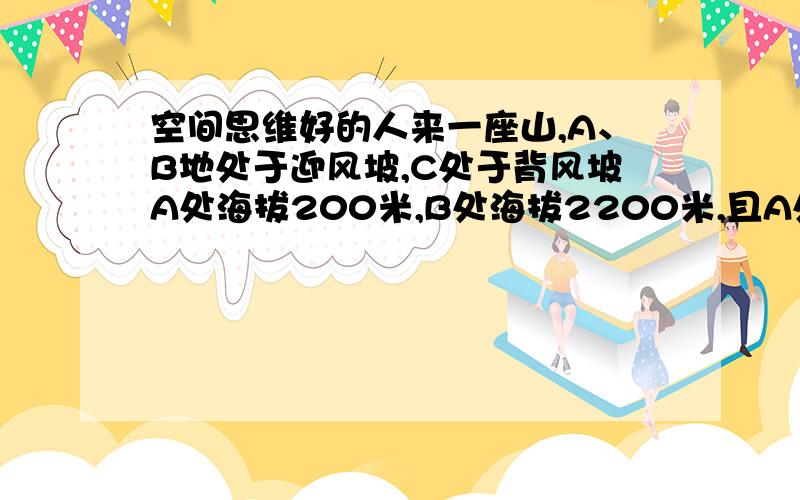 空间思维好的人来一座山,A、B地处于迎风坡,C处于背风坡A处海拔200米,B处海拔2200米,且A处常年吹东风（1）B对A的相对高度为（ ）.A和B相比,气温较高的是（）地.