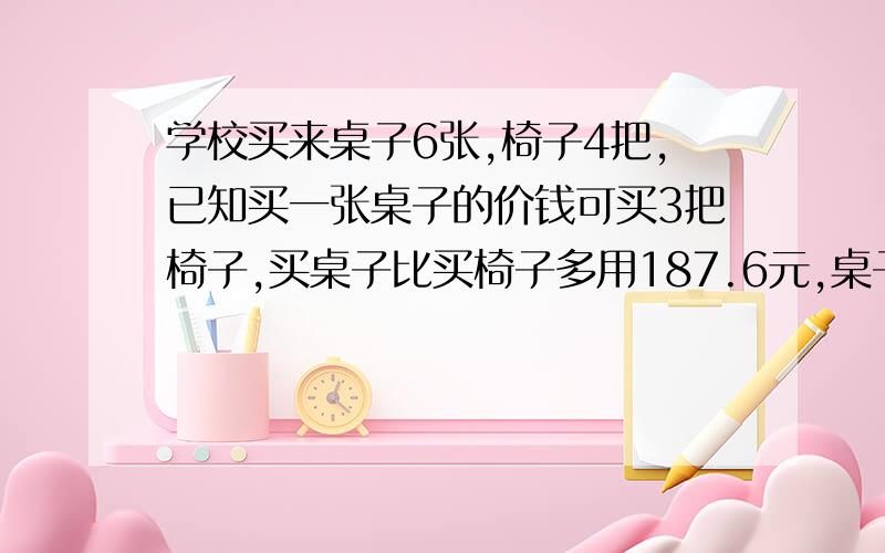 学校买来桌子6张,椅子4把,已知买一张桌子的价钱可买3把椅子,买桌子比买椅子多用187.6元,桌子、椅子单价各是多少元?