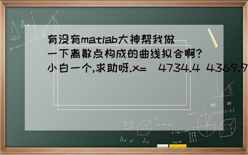 有没有matlab大神帮我做一下离散点构成的曲线拟合啊?小白一个,求助呀.x=[4734.4 4369.9\x093476.6 3145.5 3128.6 2819.7\x092275.9 1912.7 1666.0 1320.5];y=[13.88\x0913.81 9.56 8.17\x098.10 7.07 5.40 5.07\x093.84 2.77] ;