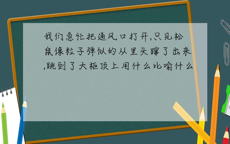 我们急忙把通风口打开,只见松鼠像粒子弹似的从里头蹿了出来,跳到了大柜顶上用什么比喻什么