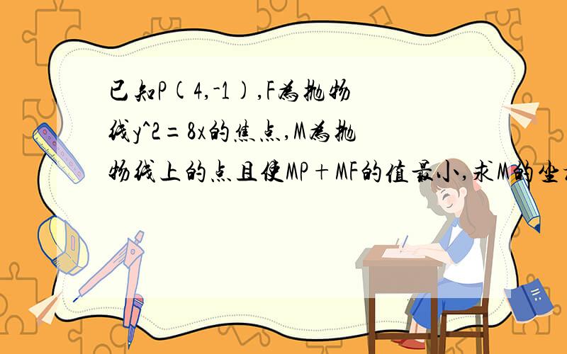 已知P(4,-1),F为抛物线y^2=8x的焦点,M为抛物线上的点且使MP+MF的值最小,求M的坐标