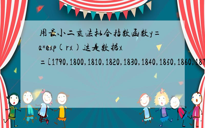 用最小二乘法拟合指数函数y=a*exp(rx)这是数据x=[1790,1800,1810,1820,1830,1840,1850,1860,1870,1880,1890,1900]y=[3.9,5.3,7.2,9.6,12.9,17.1,23.2,31.4,38.6,50.2,62.9,76.0];