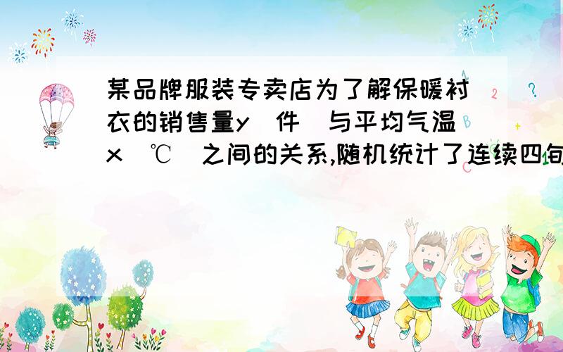 某品牌服装专卖店为了解保暖衬衣的销售量y(件)与平均气温x(℃)之间的关系,随机统计了连续四旬的销售量与当旬平均气温,其数据如下表：由表中数据算出线性回归方程^y=^bx+^a（^是在字母的