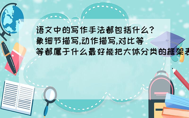 语文中的写作手法都包括什么?象细节描写,动作描写,对比等等都属于什么最好能把大体分类的框架表示清楚,我很迷惑.