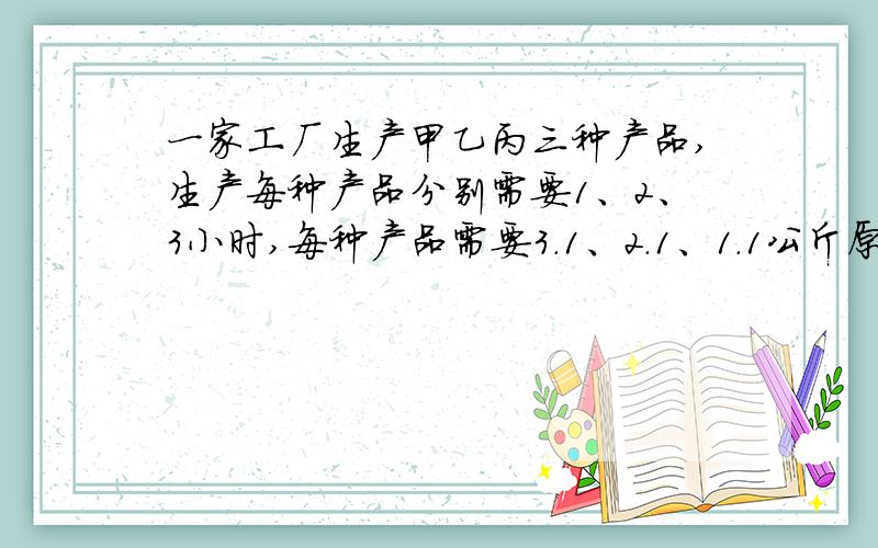 一家工厂生产甲乙丙三种产品,生产每种产品分别需要1、2、3小时,每种产品需要3.1、2.1、1.1公斤原料,每件商品的盈利分别为4 、5、 6元 .一共有20公斤原料 请问怎么生产利润最大,最大利润为