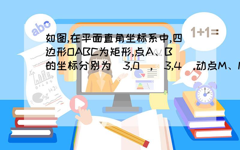 如图,在平面直角坐标系中,四边形OABC为矩形,点A、B的坐标分别为（3,0）,（3,4）.动点M、N分别从O、B同时出发,以每秒1个单位的速度运动.