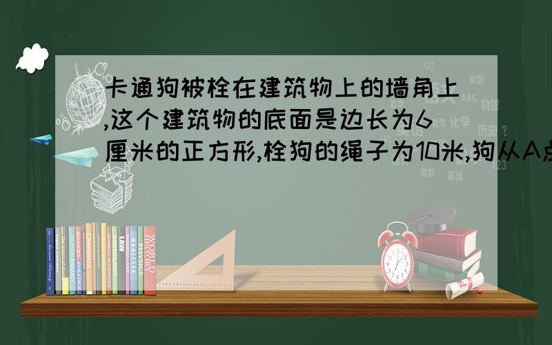 卡通狗被栓在建筑物上的墙角上,这个建筑物的底面是边长为6厘米的正方形,栓狗的绳子为10米,狗从A点出发将绳子拉紧顺时针跑,可跑多少米?