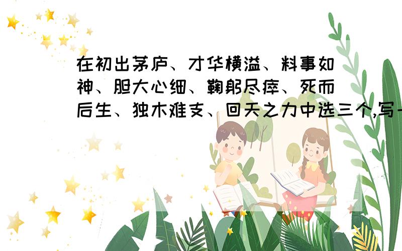 在初出茅庐、才华横溢、料事如神、胆大心细、鞠躬尽瘁、死而后生、独木难支、回天之力中选三个,写一段话