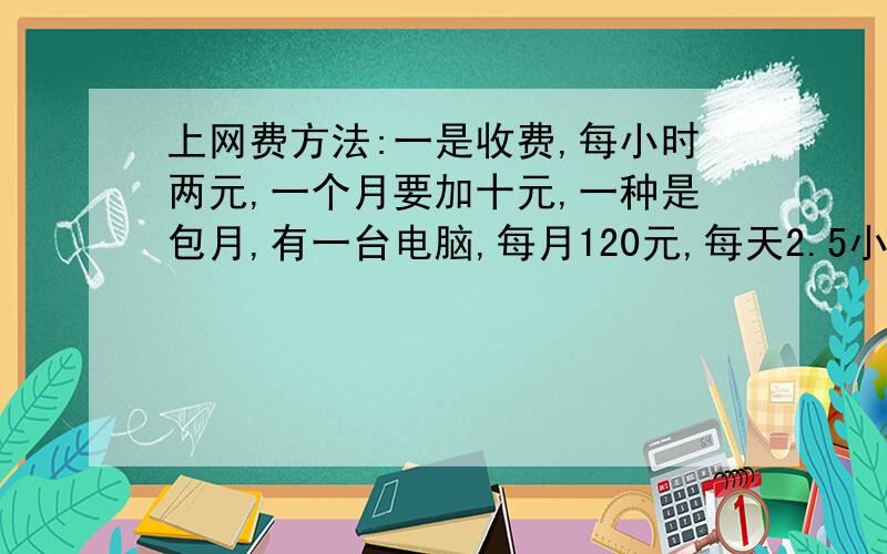 上网费方法:一是收费,每小时两元,一个月要加十元,一种是包月,有一台电脑,每月120元,每天2.5小时,哪便宜方程解,讲明过程