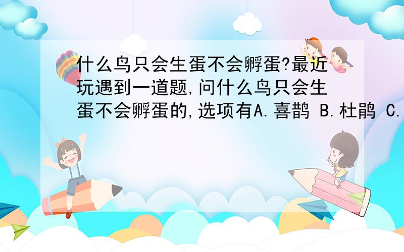 什么鸟只会生蛋不会孵蛋?最近玩遇到一道题,问什么鸟只会生蛋不会孵蛋的,选项有A.喜鹊 B.杜鹃 C.燕子 D.(这个记不清了)