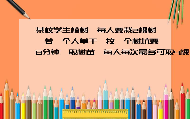 某校学生植树,每人要栽2棵树,若一个人单干,挖一个树坑要8分钟,取树苗{每人每次最多可取4棵}要10分钟,运水{每人每次打的水可浇4棵树}要10分钟,栽一棵树要5分钟,问一个人单干要多少分钟,如