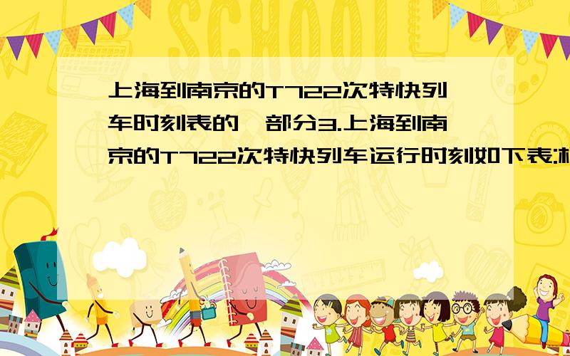 上海到南京的T722次特快列车时刻表的一部分3.上海到南京的T722次特快列车运行时刻如下表:根据列车运行时刻表回答下列问题:(1)计算列车从上海到苏州路段上的平均速度;(2)如果列车在苏州到