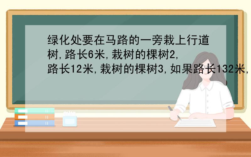 绿化处要在马路的一旁栽上行道树,路长6米,栽树的棵树2,路长12米,栽树的棵树3,如果路长132米,要栽多少棵594米呢,还有n米