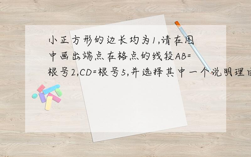 小正方形的边长均为1,请在图中画出端点在格点的线段AB=根号2,CD=根号5,并选择其中一个说明理由.