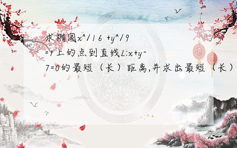 求椭圆x^/16 +y^/9=1上的点到直线L:x+y-7=0的最短（长）距离,并求出最短（长）的斜率