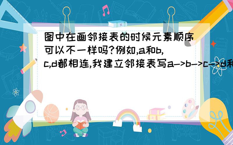 图中在画邻接表的时候元素顺序可以不一样吗?例如,a和b,c,d都相连,我建立邻接表写a->b->c->d和a->c->b->d这样顺序颠倒了还是正确的吗?