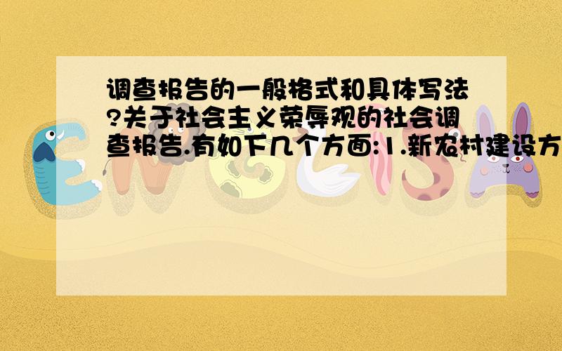 调查报告的一般格式和具体写法?关于社会主义荣辱观的社会调查报告.有如下几个方面:1.新农村建设方面2.环境保护方面3.经济发展方面4.具体的人和事如果可以帮我写好也可以```不要太长也